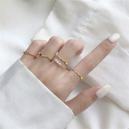 2024 New 5pcs/Set Geometric Rings Boho Style Wave Shape Rings Women Punk Gold Silver Color Ring Hip-Hop Ring Finger Accessories