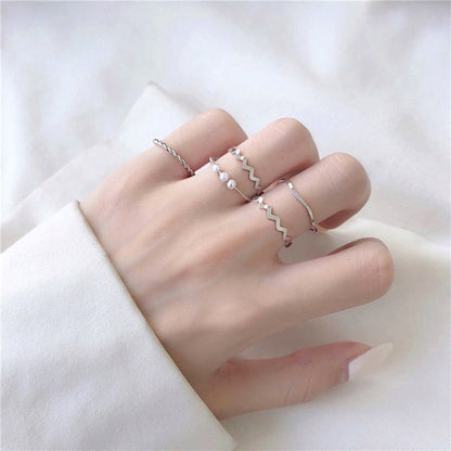 2024 New 5pcs/Set Geometric Rings Boho Style Wave Shape Rings Women Punk Gold Silver Color Ring Hip-Hop Ring Finger Accessories