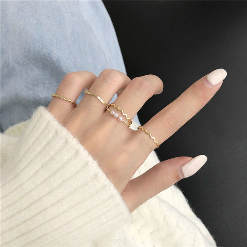 2024 New 5pcs/Set Geometric Rings Boho Style Wave Shape Rings Women Punk Gold Silver Color Ring Hip-Hop Ring Finger Accessories