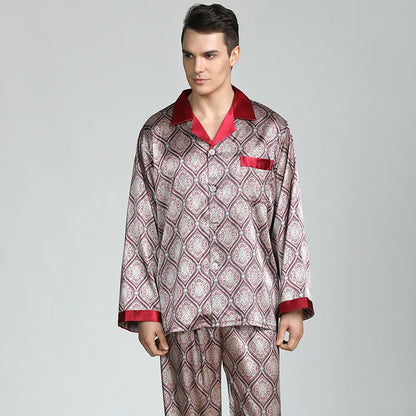 High Quality Satin Pajamas Suit Men Spring Summer Printed Ice Silk Pyjamas  Long Sleeve Plus Size Home Clothes Sleepwear Male