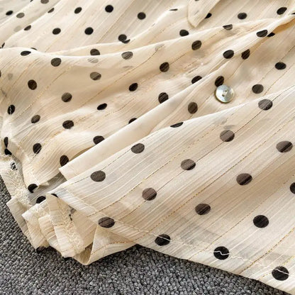 Beige Polka Dot Bow Neck Elegant Chiffon Long Sleeve Loose Women&