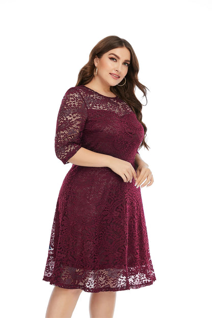 Plus Size Contrast Lace Semi Sheer 3/4 Sleeve Midi Dress, Women&