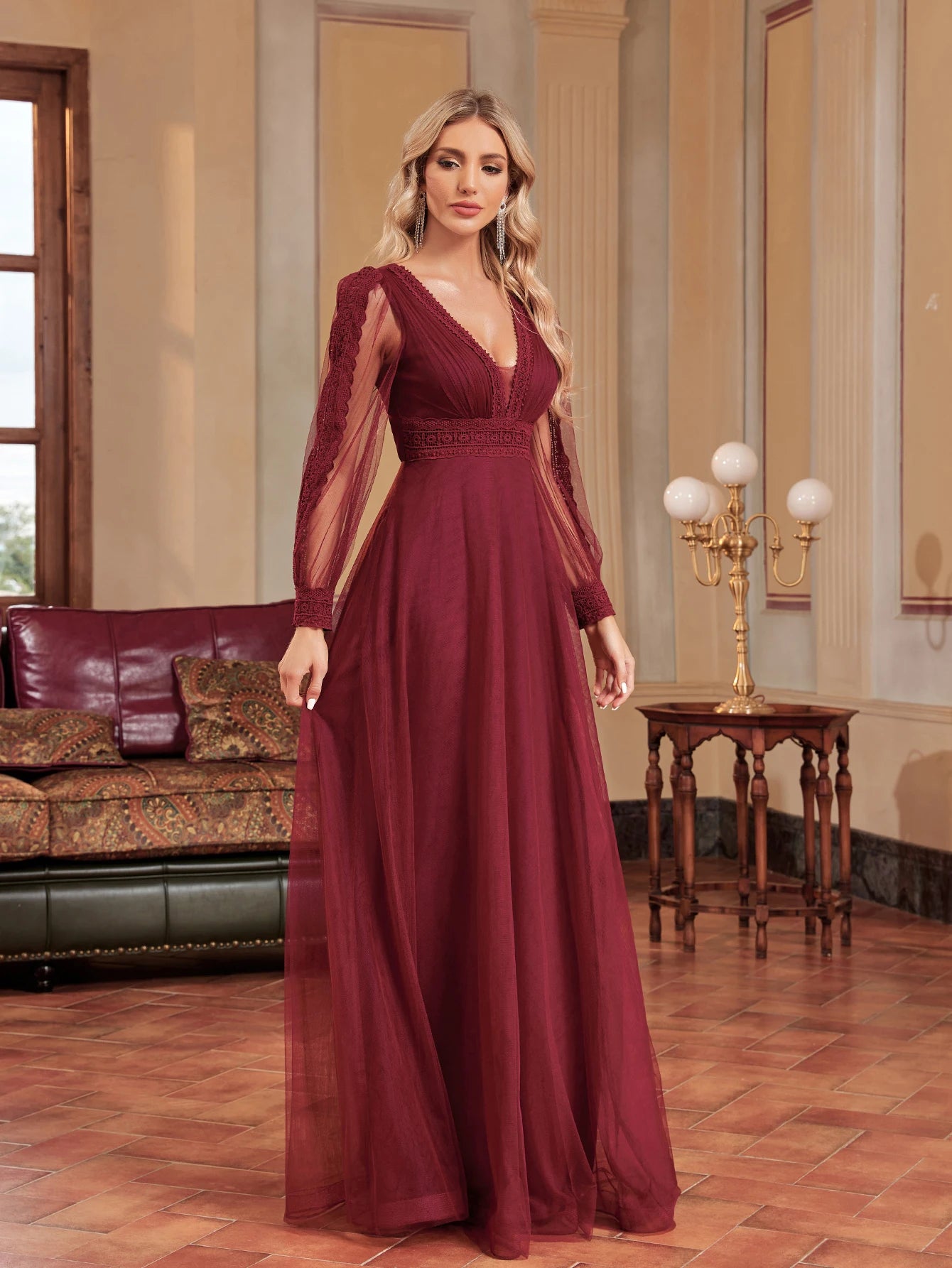 Lucyinlove Elegant Tulle V-Neck Formal Evening Dresses Long Sleeve 2024 Womwen Floor-Length Party Dress Chiffon Cocktail Prom