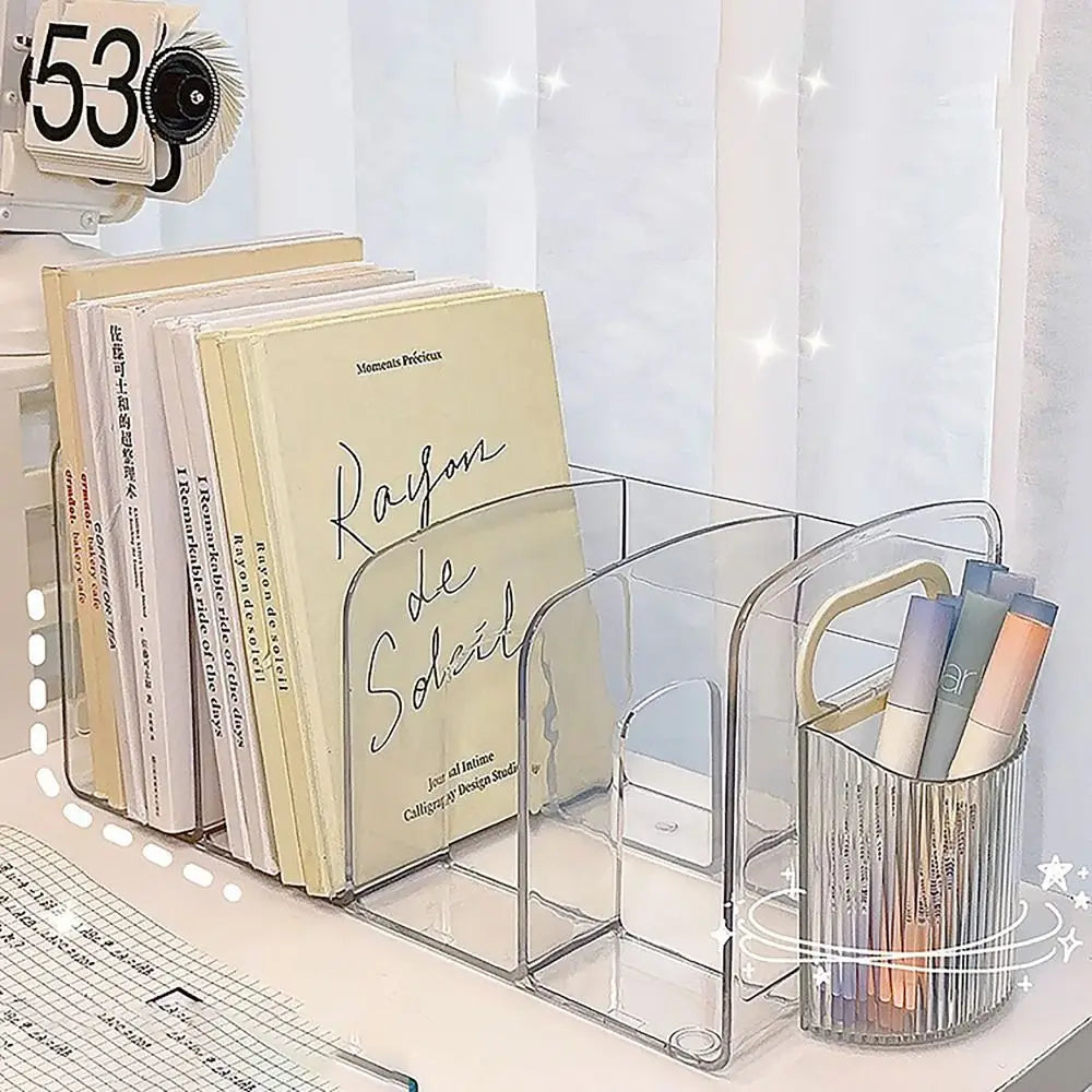 Transparent Acrylic Bookends with Handle Portable Divided Book Stand Desktop Book Holder Desk Organizer Student Study Supplies