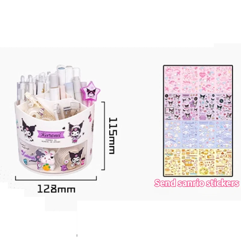 Miniso Sanrio Rotating Pen Holder Storage Box Desk Organizer &amp; Kawaii Sanrio Cinnamoroll Stickers Cute Stationery Storage Girls