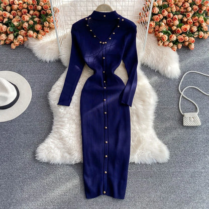 YuooMuoo Chic Fashion Sexy Package Hips Knitted Winter Dress Women Slim Elastic Bodycon Long Dress Streetwear Lady Party Vestido