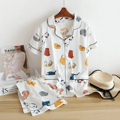 New 100% cotton short-sleeved shorts ladies pajamas set cute cartoon pajamas Japanese simple short pajamas women sleepwear