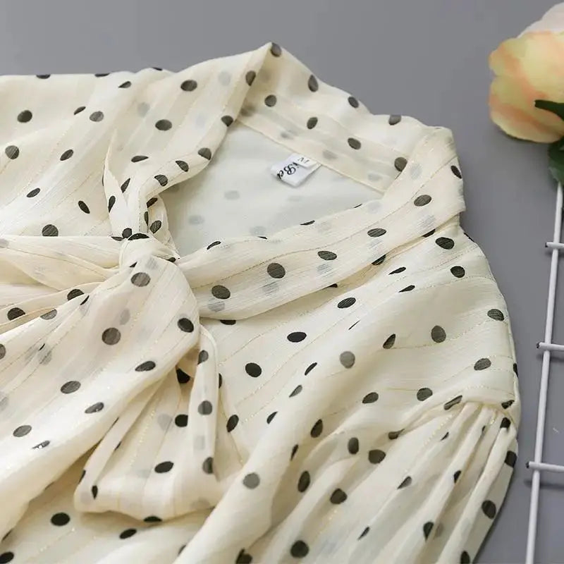 Beige Polka Dot Bow Neck Elegant Chiffon Long Sleeve Loose Women&