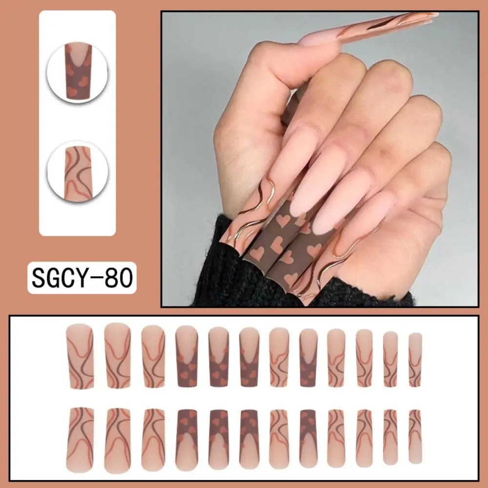 24pcs Super Long Water Pipe Nail French Fake Nails Brown Wavy Love Heart False Nails Sweet Heart Press on Nails