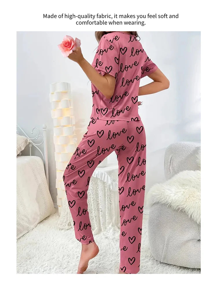 Summer Pijama Women Letter Print Pajamas Set Short Sleeve Crew Neck Tops Elastic Waistband Pants Women&