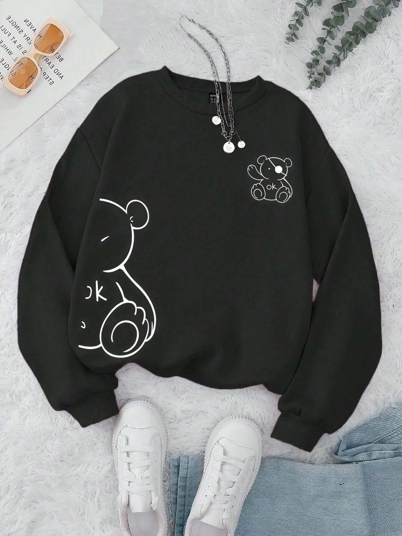 Kawaii OK Teddy bear Printing Sweatshirts For Women Classic Retro Fashion Hoodies Fleece Warm Casual Clothes Loose Sportswear