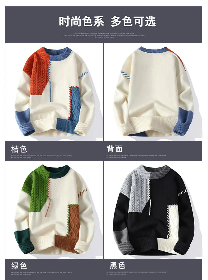 Autumn Winter Warm Mens Knitted Sweaters Fashion Patchwork O Neck Knit Pullovers Korean Streetwear Pullover Casual Mens Clothing