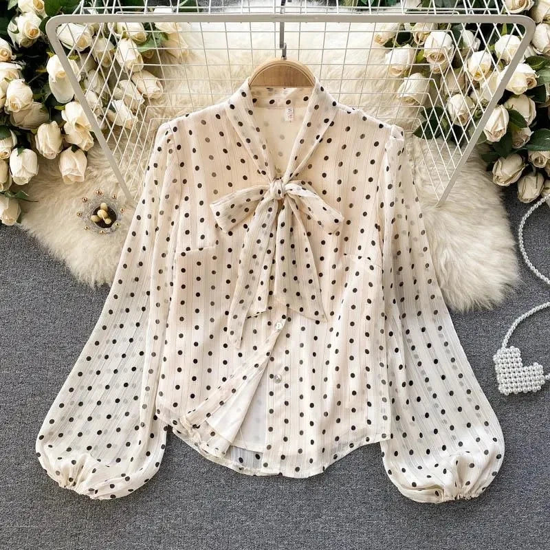 Beige Polka Dot Bow Neck Elegant Chiffon Long Sleeve Loose Women&