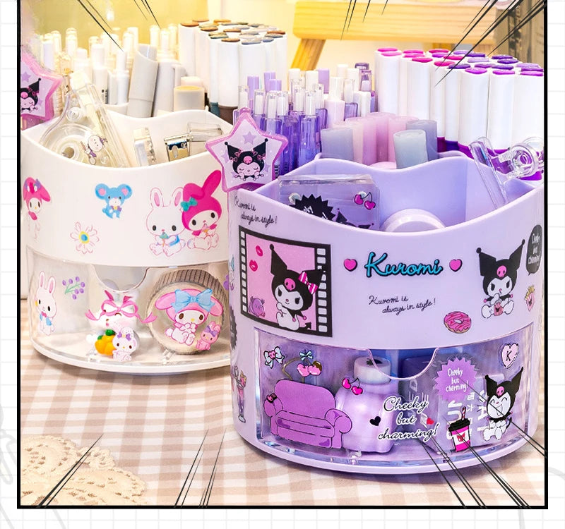 Miniso Sanrio Rotating Pen Holder Storage Box Desk Organizer &amp; Kawaii Sanrio Cinnamoroll Stickers Cute Stationery Storage Girls