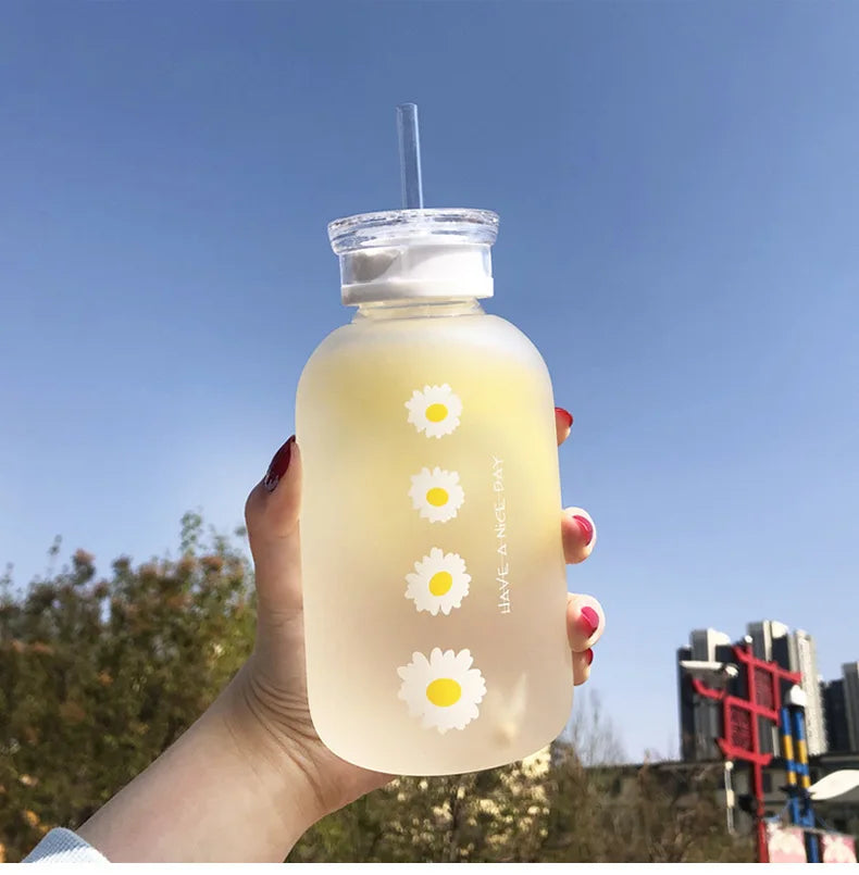 480ml Water Bottle Small Daisy Milk Juice Cute Kawaii Frosted Glass Bottle with Straw Drinking Cups with Scale 2 Lids