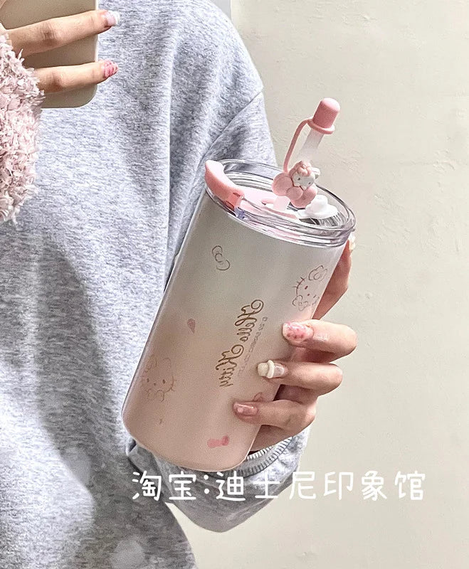 Sanrio Kawaii Hello Kitty Water Cup Student Cartoon Anime 480ML Portable Straw Direct Drink Thermos Cup Office Coffee Cup Gift