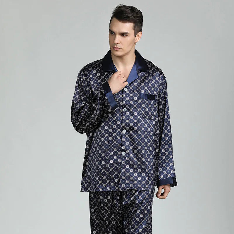 High Quality Satin Pajamas Suit Men Spring Summer Printed Ice Silk Pyjamas  Long Sleeve Plus Size Home Clothes Sleepwear Male