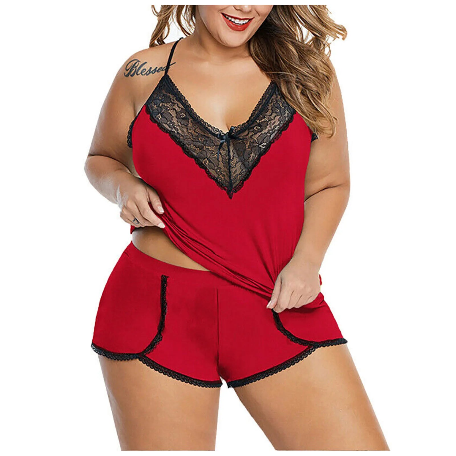 Plus Size Sexy Spaghetti Strap Lace Pajama Set Sleeveless Pyjamas Shorts Set Lace Pijama Suit Women Nighties 2022 Pijama Mujer