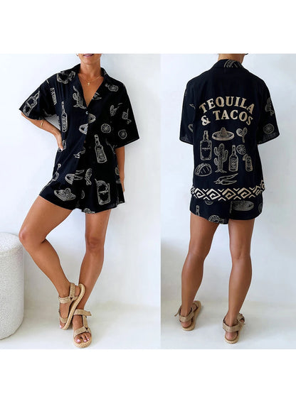 Women Pajamas Set 2 Pieces Loungewear Suits Tacos Tequila Letter Print Short Sleeve Loose Tops and Shorts Sleepwear Outfits