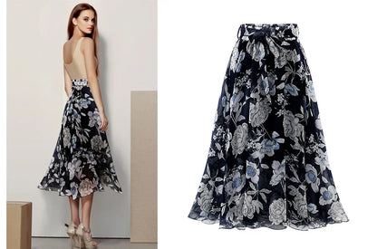 2024 Summer Print Floral Skirts For Women Casual Loose Elastic Waist Plus Size Skirt Belt A-line Chiffon Beach Saias Midi Femme