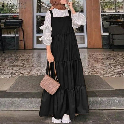 2023 ZANZEA Elegant Muslim Women Straps Dress Turkey Abaya Hijab Maxi Long Dresses Autumn Solid Ruffles Vestidos Sundress Robes