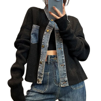 Women Denim Stitching Sweater Jacket Autumn 2023 New Fashion Loose Short Knitted Cardigan Lady Coats Casual Denim Jacket Women