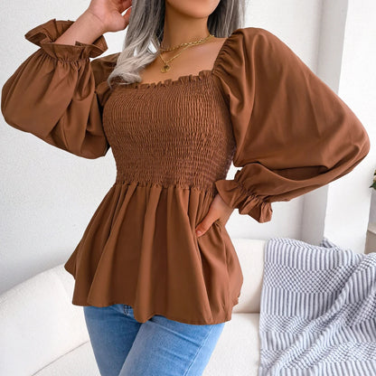 Women Chiffon Blouse 2023 Long Sleeve Casual Ruffles Peplum Top White Red Green Blue Black