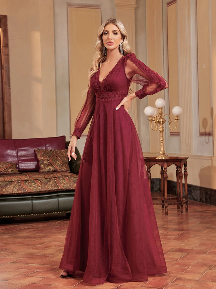 Lucyinlove Elegant Tulle V-Neck Formal Evening Dresses Long Sleeve 2024 Womwen Floor-Length Party Dress Chiffon Cocktail Prom