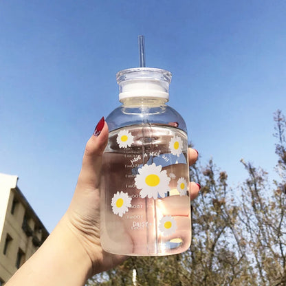 480ml Water Bottle Small Daisy Milk Juice Cute Kawaii Frosted Glass Bottle with Straw Drinking Cups with Scale 2 Lids