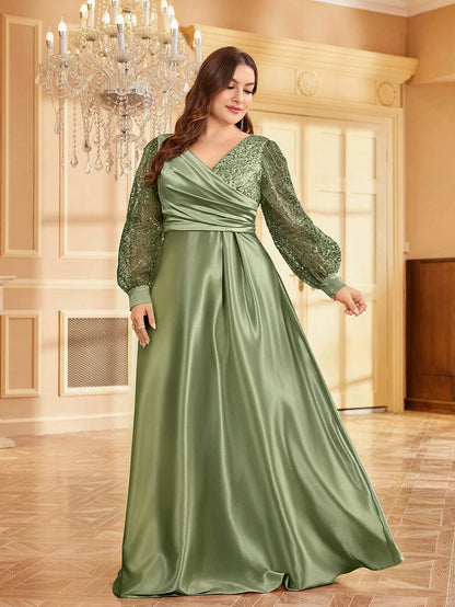 Lucyinlove Plus Size Luxury Green V-Neck Sequin Evening Dress Elegant Women Party Maxi Dress Long Sleeve Cocktail Dress Prom