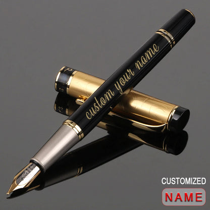 Custom Fountain Pen Golden Text Stationery Office Supplies Back To School Items Metal Nib Writing Ink Men Luxury Black