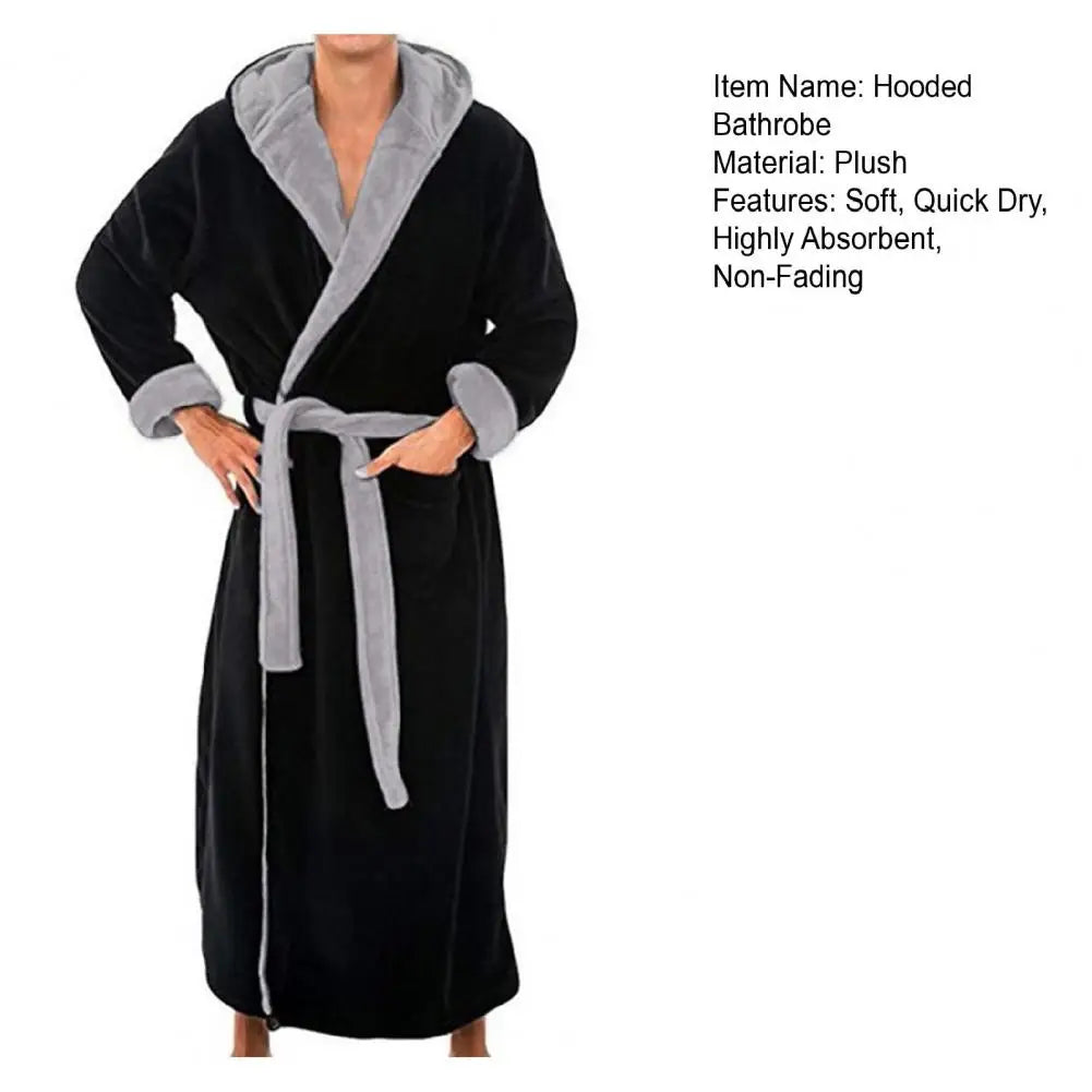 Men Hooded Bathrobe Flannel Robe Long Bath Robe Home Gown Sleepwear Soft Fluffy Hooded Bathrobe Quick Dry Lounging Bathrobe