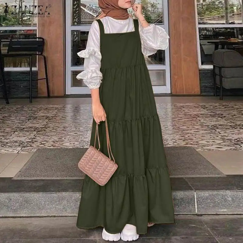 2023 ZANZEA Elegant Muslim Women Straps Dress Turkey Abaya Hijab Maxi Long Dresses Autumn Solid Ruffles Vestidos Sundress Robes