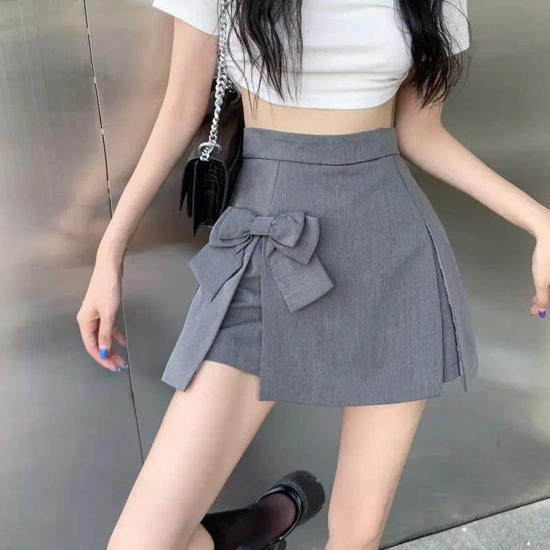 Zoki Cute Bow Women Sexy Pleated Skirt Janpan Sweet High Waist Student A Line Mini Skirt Summer Zipper Female Solid Color Skirt