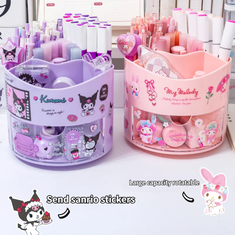 Miniso Sanrio Rotating Pen Holder Storage Box Desk Organizer &amp; Kawaii Sanrio Cinnamoroll Stickers Cute Stationery Storage Girls