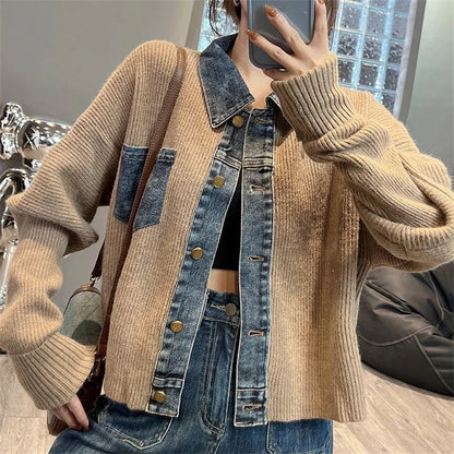 Women Denim Stitching Sweater Jacket Autumn 2023 New Fashion Loose Short Knitted Cardigan Lady Coats Casual Denim Jacket Women