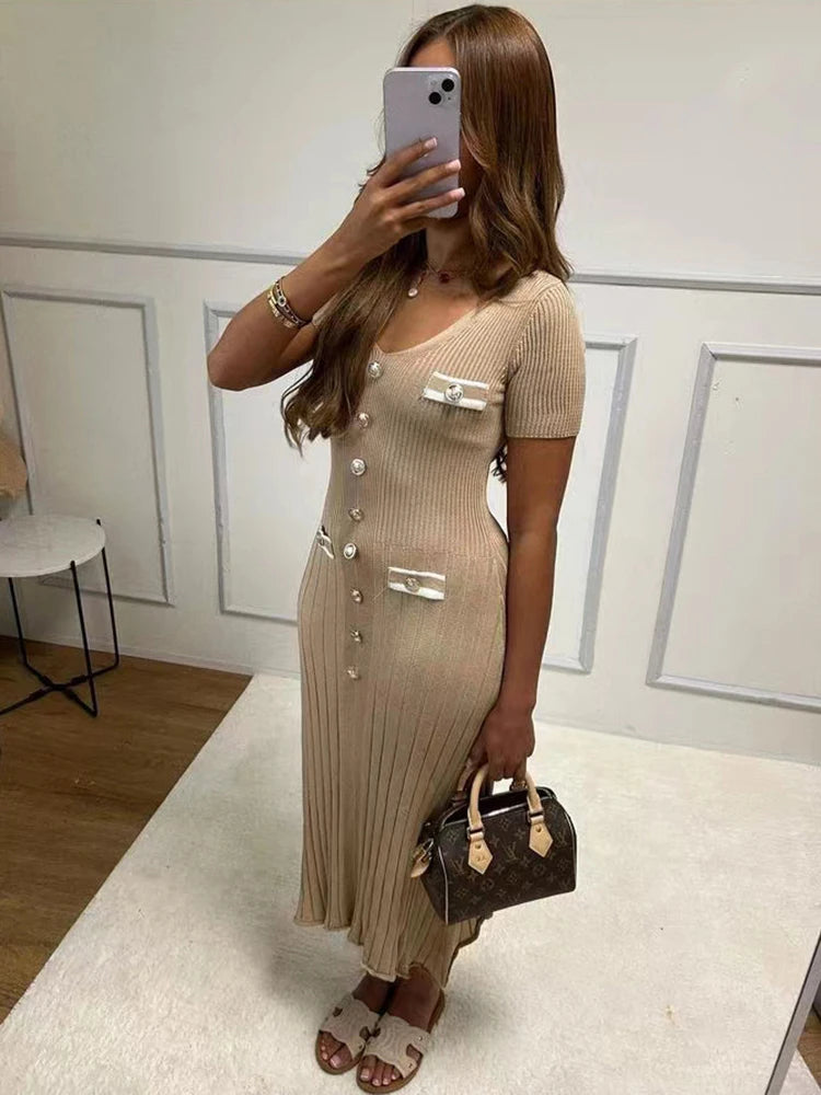 Elegant V Neck Knitted Long Dress Women Summer Fashion Short Sleeve Buttons Bodycon Dresses Office Lady Pockets Fashion Robes