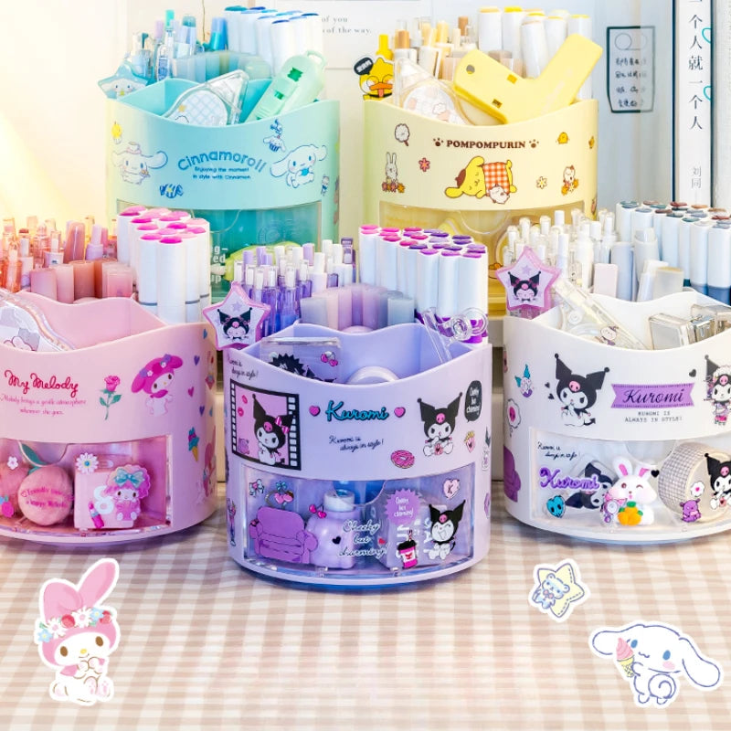 Miniso Sanrio Rotating Pen Holder Storage Box Desk Organizer &amp; Kawaii Sanrio Cinnamoroll Stickers Cute Stationery Storage Girls