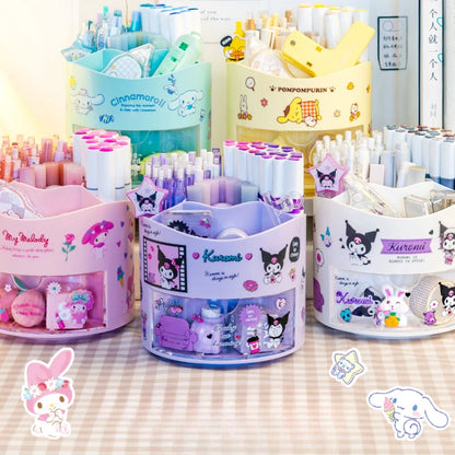 Miniso Sanrio Rotating Pen Holder Storage Box Desk Organizer &amp; Kawaii Sanrio Cinnamoroll Stickers Cute Stationery Storage Girls