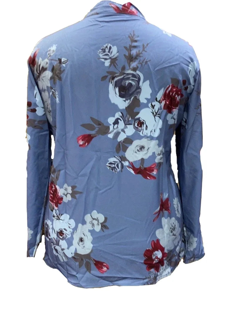 Plus Size 1XL-5XL Women V-neck Printed Long Sleeved Shirt  Casual  Fashion  Standing Collar Blouse