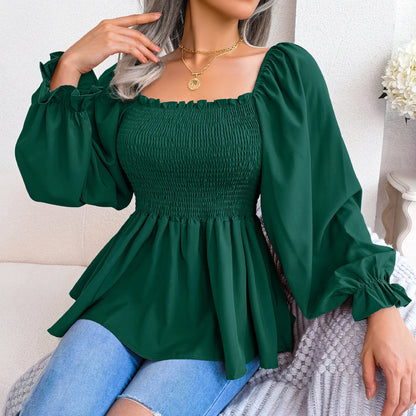 Women Chiffon Blouse 2023 Long Sleeve Casual Ruffles Peplum Top White Red Green Blue Black