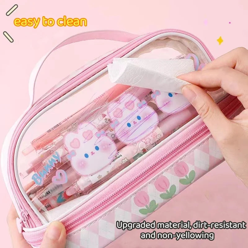 Kawaii Pencil Case Double Layer Large Capacity Pen Bag Cartoon Portable Box School Student Supplies Stationary Organizer