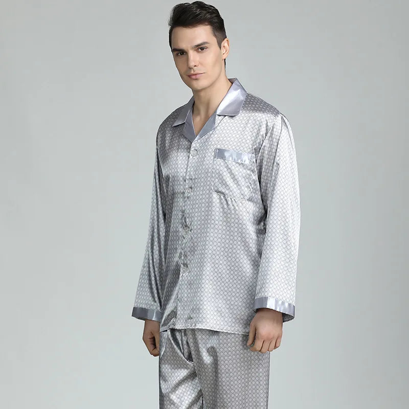 High Quality Satin Pajamas Suit Men Spring Summer Printed Ice Silk Pyjamas  Long Sleeve Plus Size Home Clothes Sleepwear Male