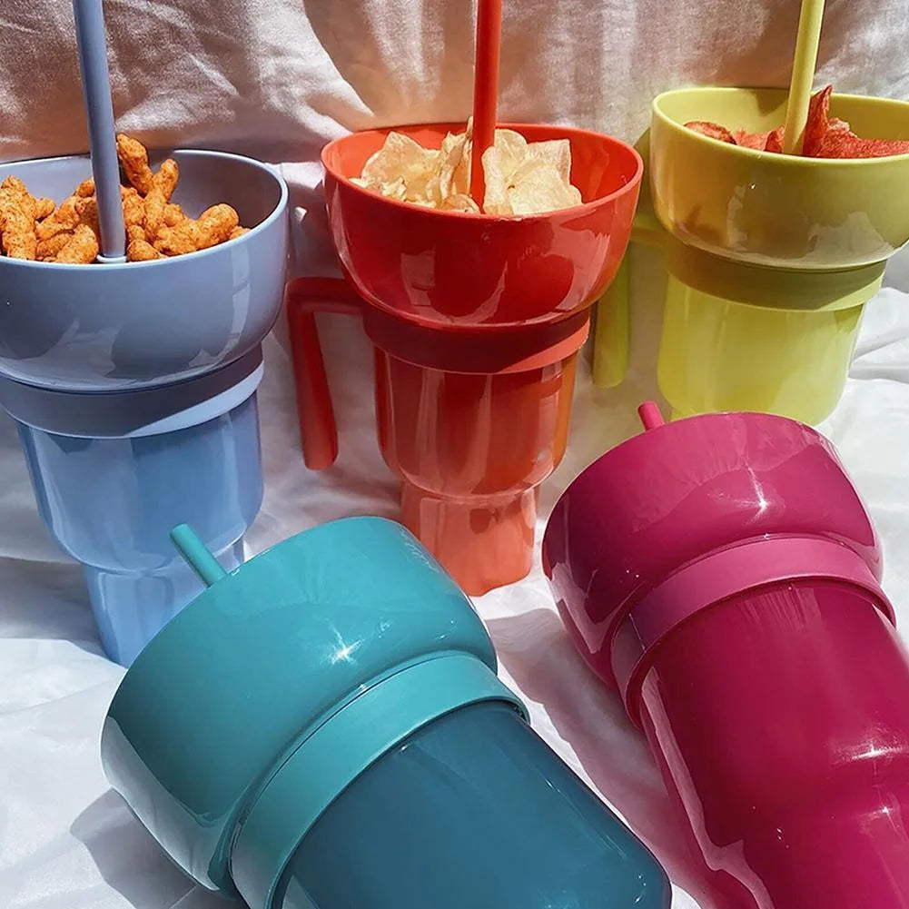 2In1 Snack Bowl Drink Cup with Straw Stadium Tumbler Water Bottle Straw Splash Proof Leakproof Portable Adults Kids Cinema Trip