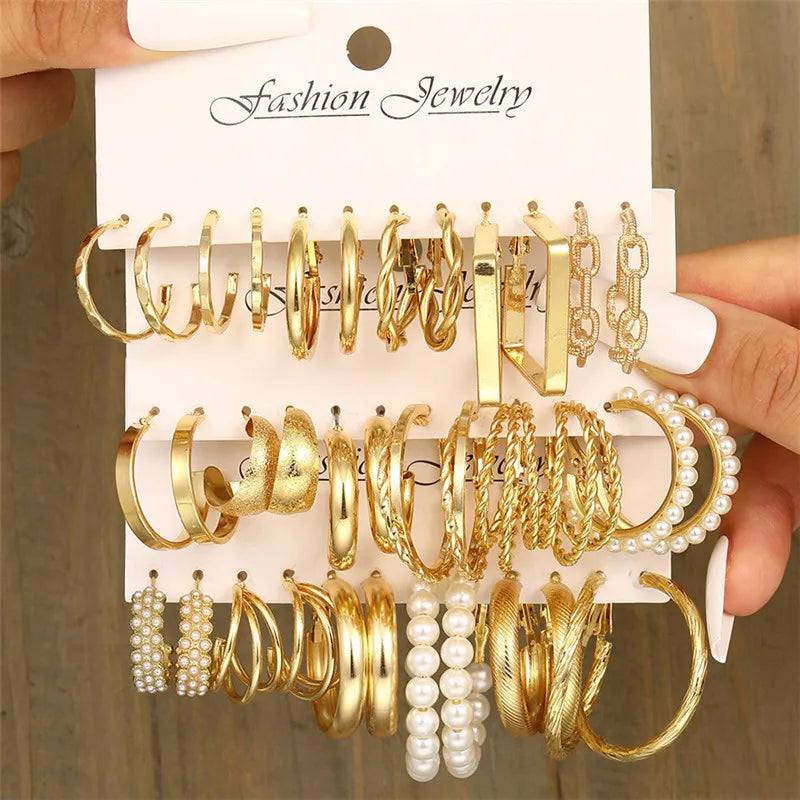 Modyle Gold Color Vintage Geometry Pearl Earrings Set Metal Twists Dangle Earrings Round for Women Simple Trendy Party Jewelry