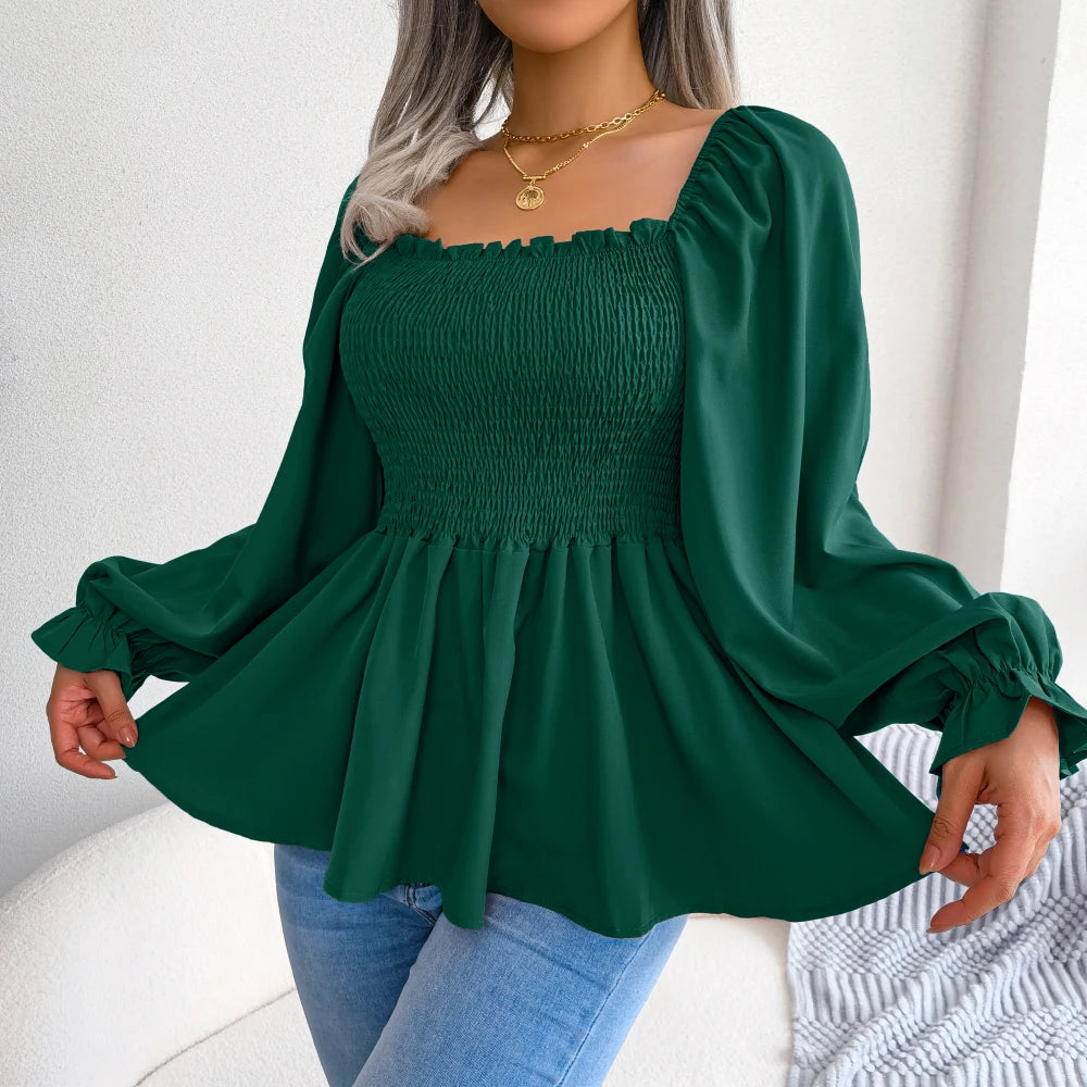 Women Chiffon Blouse 2023 Long Sleeve Casual Ruffles Peplum Top White Red Green Blue Black