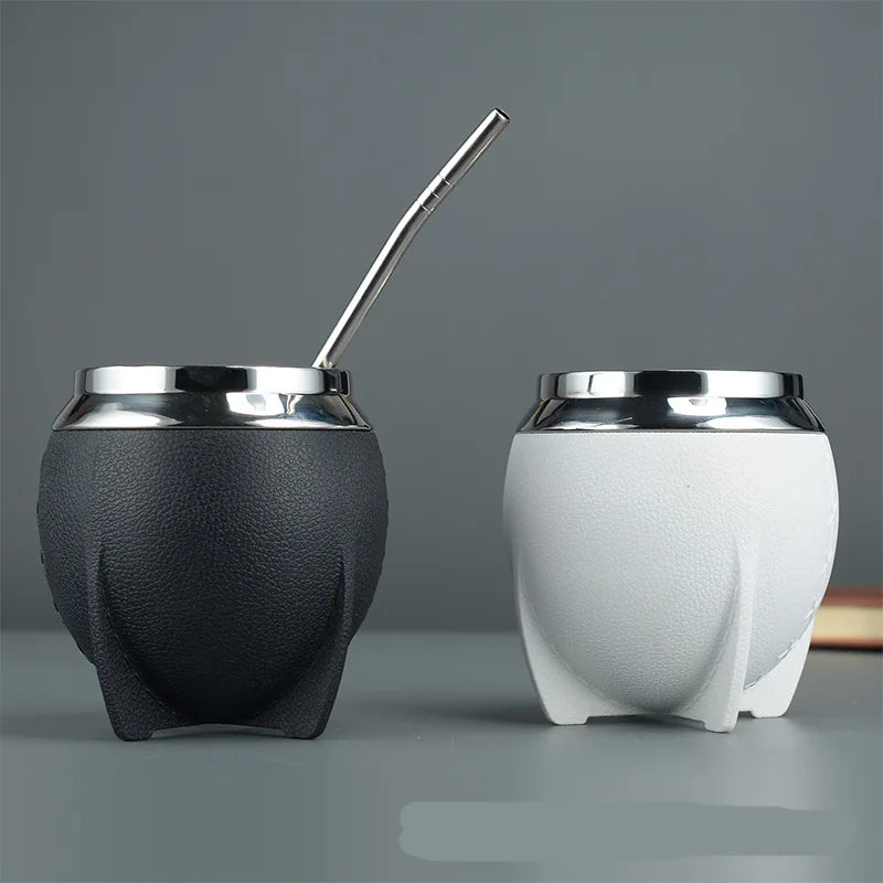 LUSQI 1PC Stainless Steel Leather Cover Double Layer Mate Tea Mug Trendy Creative Water Cup With Straw Spoon