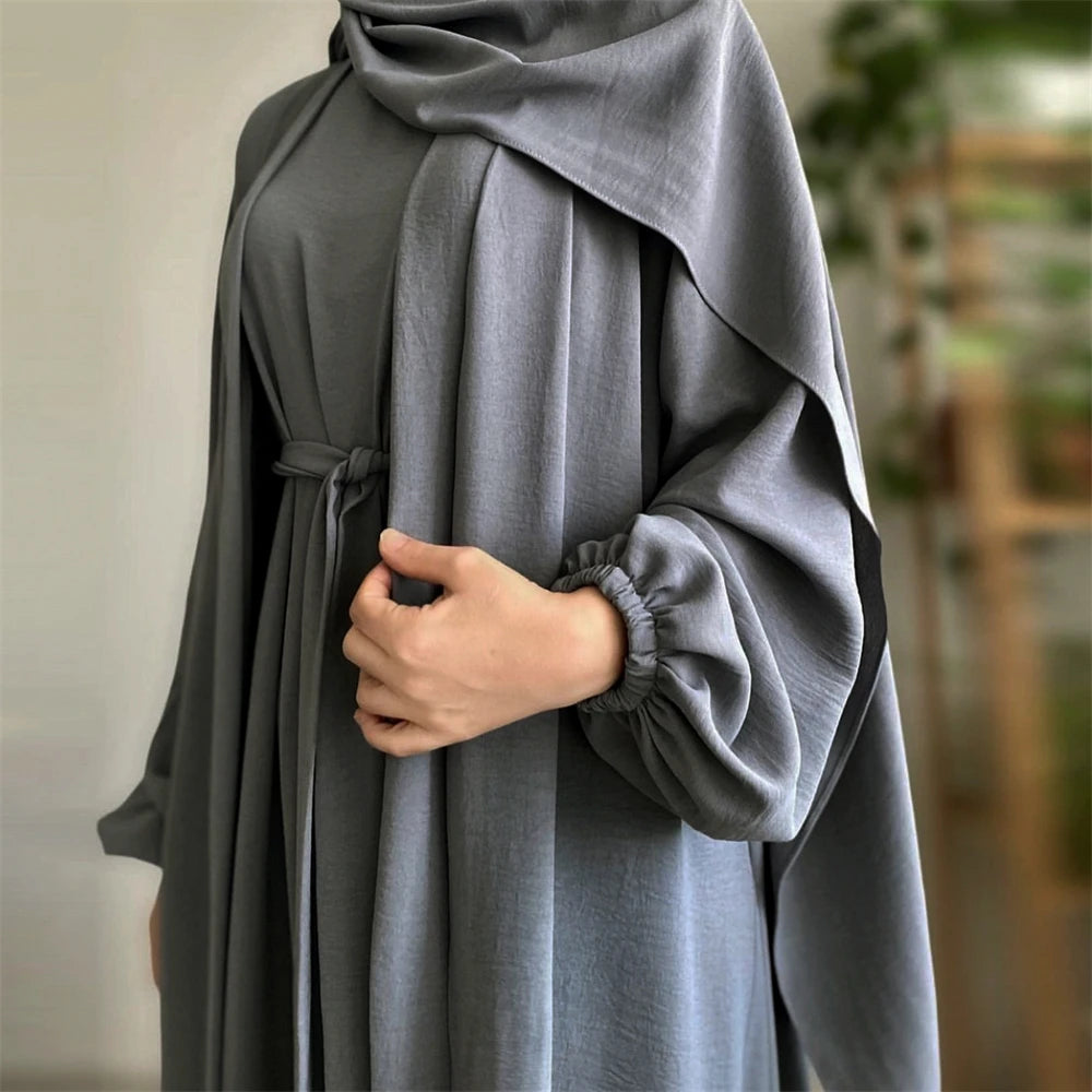 Eid Ramadan Muslim Women Open Abaya Kimono Inner Maxi Dress Hijab Sets 2/3 Pieces Dubai Islamic Arab Robe Kaftan Jalabiya Caftan