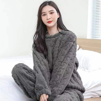 Two-Piece Autumn And Winter Thickened Warm Flannel man Women Pajamas O-neck Solid Long Sleeve Long pants Black Homewear Set New