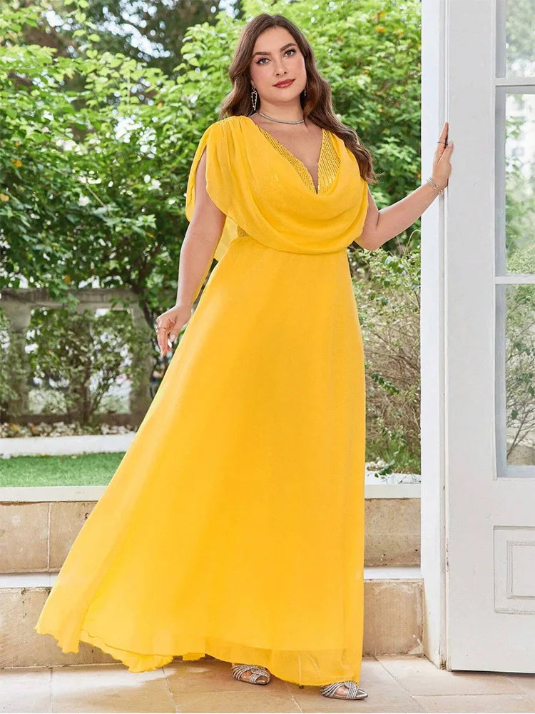 Plus Size V Neck Chiffon Yellow Floor Floor Bridesmaid Luxury Dress 4XL 5XL Big Size Shiny Chiffon Banquet Evening Dress Women